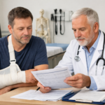 Pacient se zafixovanou rukou konzultuje s lékařem v ordinaci dokumentaci úrazu po dopravní nehodě.