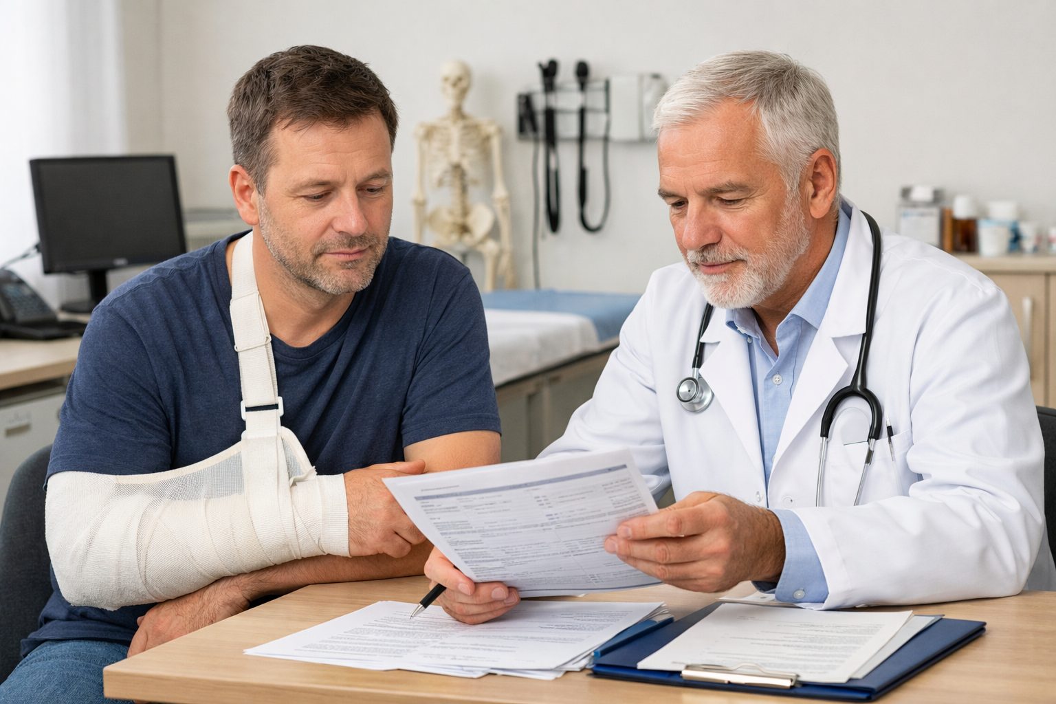Pacient se zafixovanou rukou konzultuje s lékařem v ordinaci dokumentaci úrazu po dopravní nehodě.