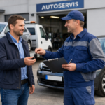 Řidič přebírá klíče od náhradního auta u autoservisu, vedle odtahovky s poškozeným vozidlem.