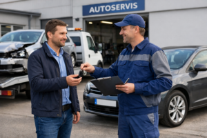 Řidič přebírá klíče od náhradního auta u autoservisu, vedle odtahovky s poškozeným vozidlem.