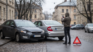 Muž dokumentuje poškozené vozidlo po dopravní nehodě, což je důležitý první krok při uplatňování nároku po dopravní nehodě.