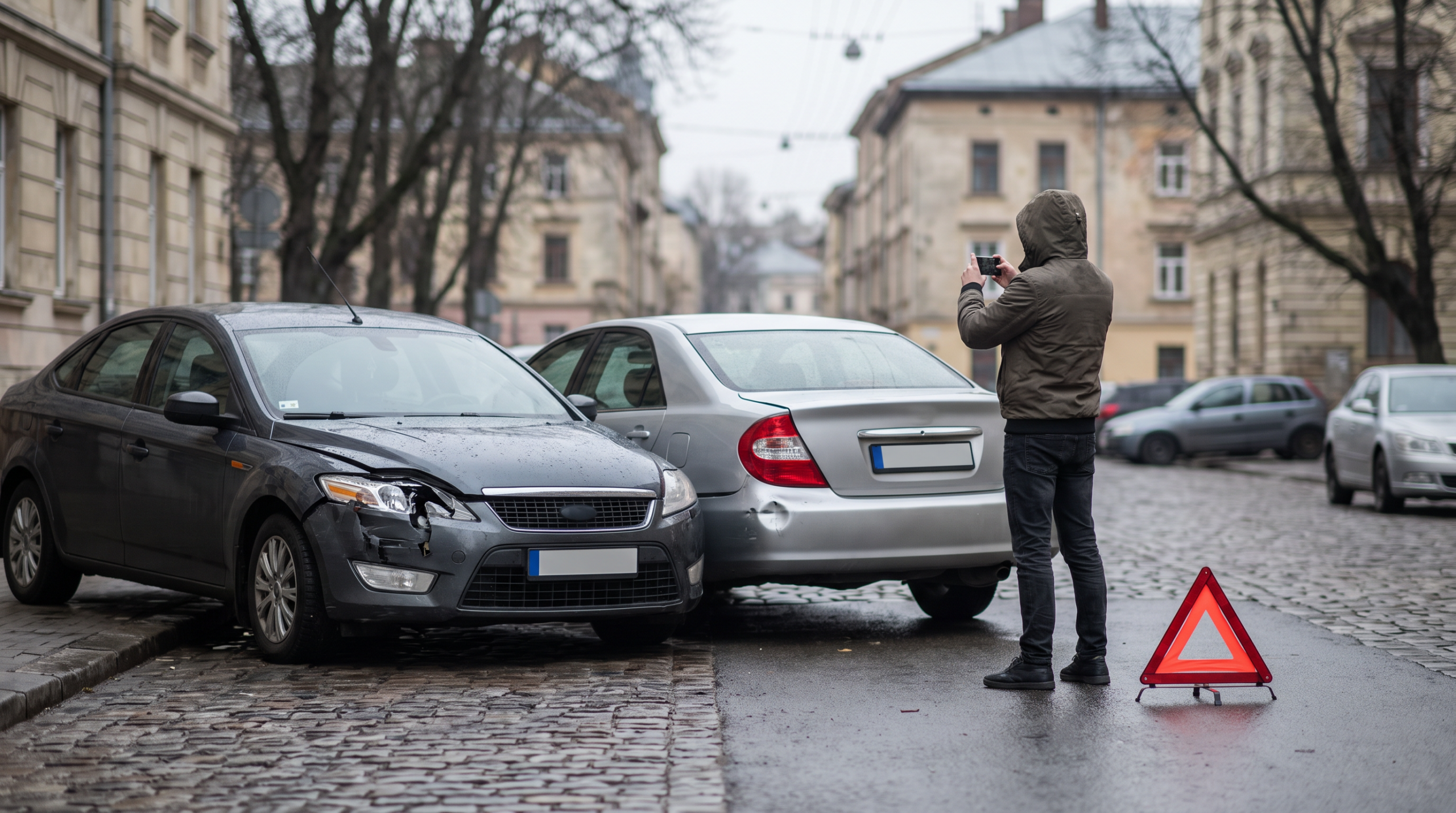 Muž dokumentuje poškozené vozidlo po dopravní nehodě, což je důležitý první krok při uplatňování nároku po dopravní nehodě.